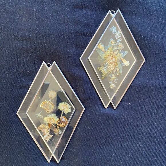 Vintage Diamond Beveled Clear Dried Flower Suncatchers. Set Of 2. No Cracks. USA - Picture 6 of 9